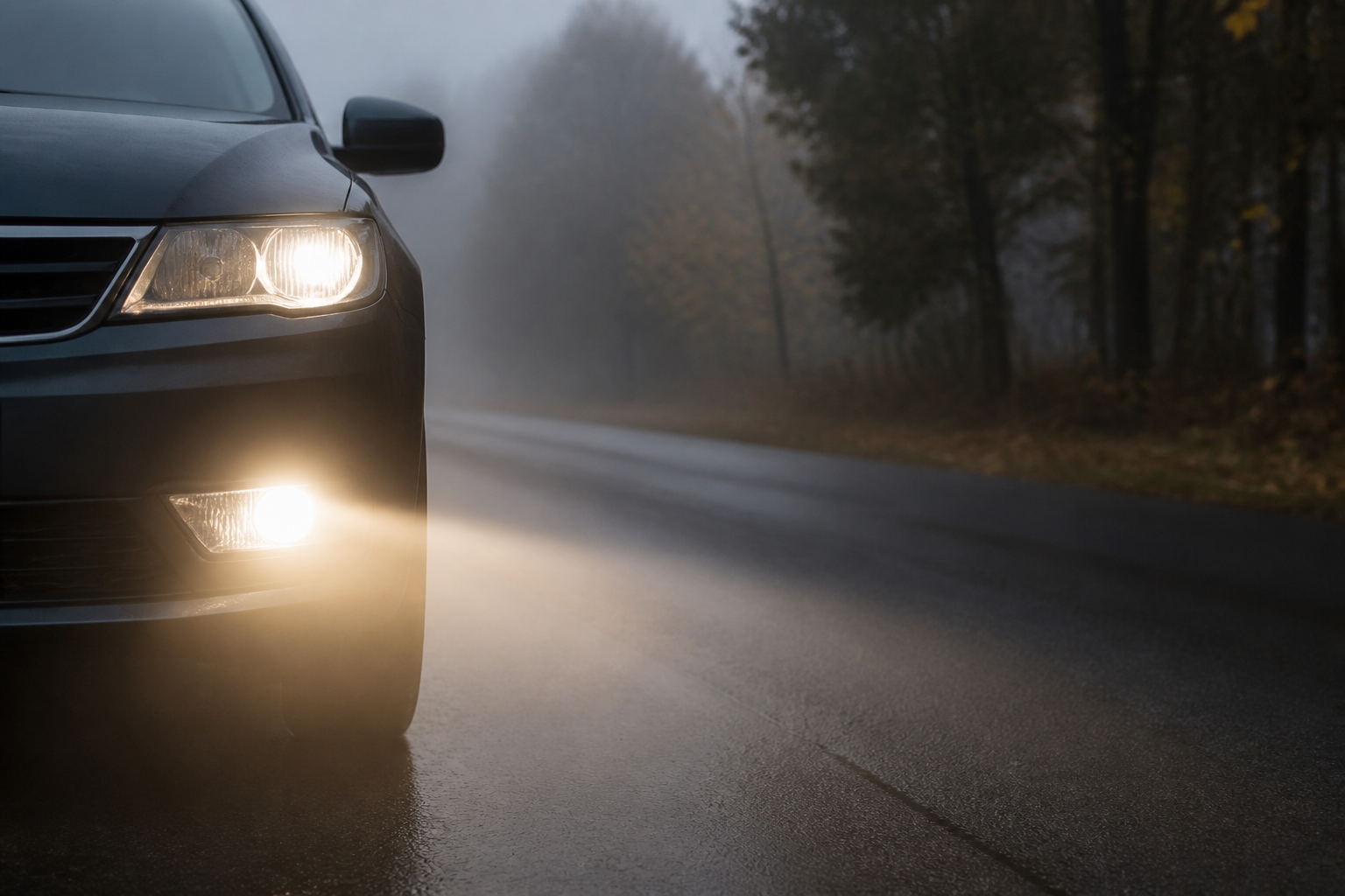 Automobilio rūko žibintas veikiant rūkui, apšviečiantis kelią