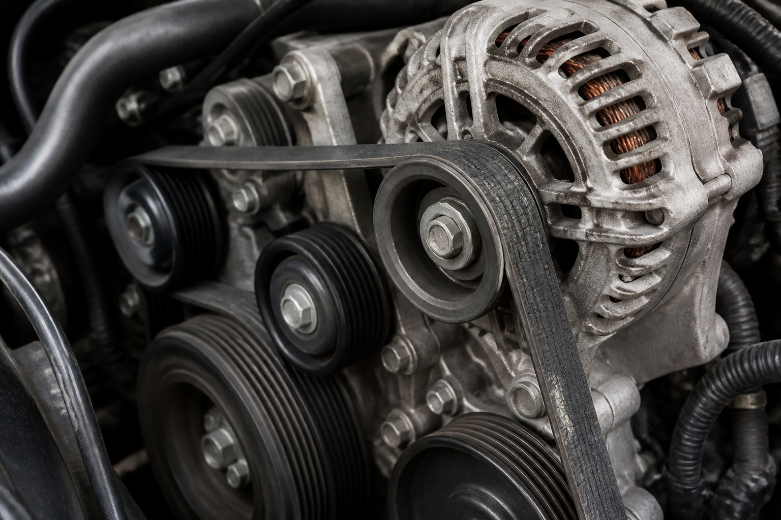 Generatoriaus diržas ant automobilio variklio skriemulių